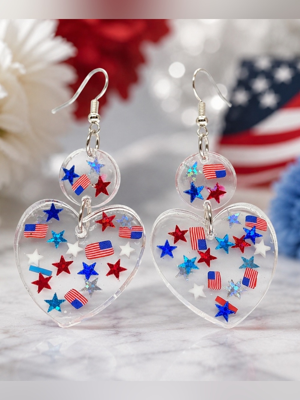 Patriotic Heart Dangle Earrings - Red, White & Blue